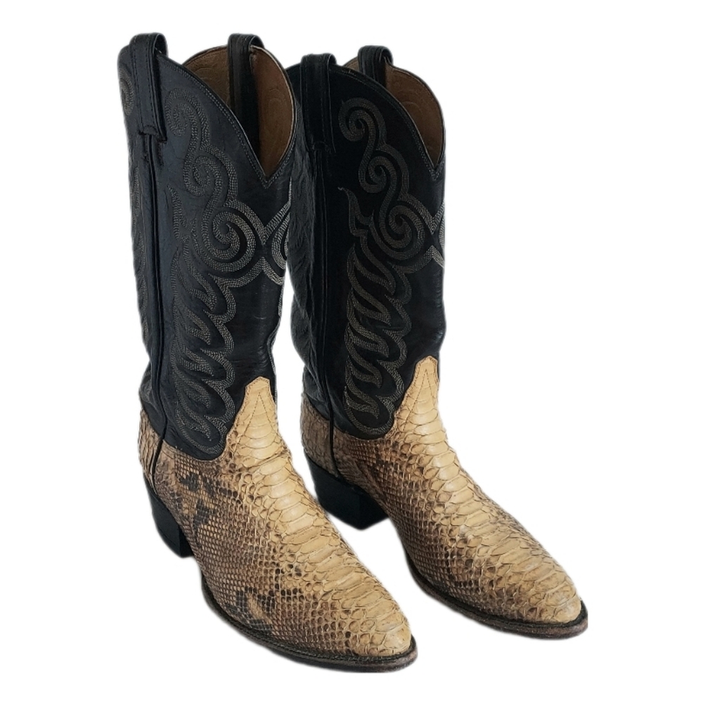Vintage Mens 9.5D TONY LAMA Python & Leather Stitched Lined Western Cowboy Boots